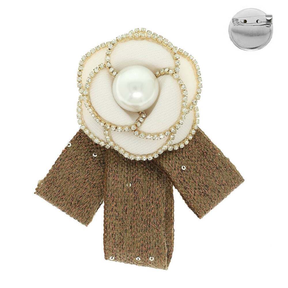 Beige Pearl Fabric & Rhinestone Flower Designer Inspired Bow Tie Brooch